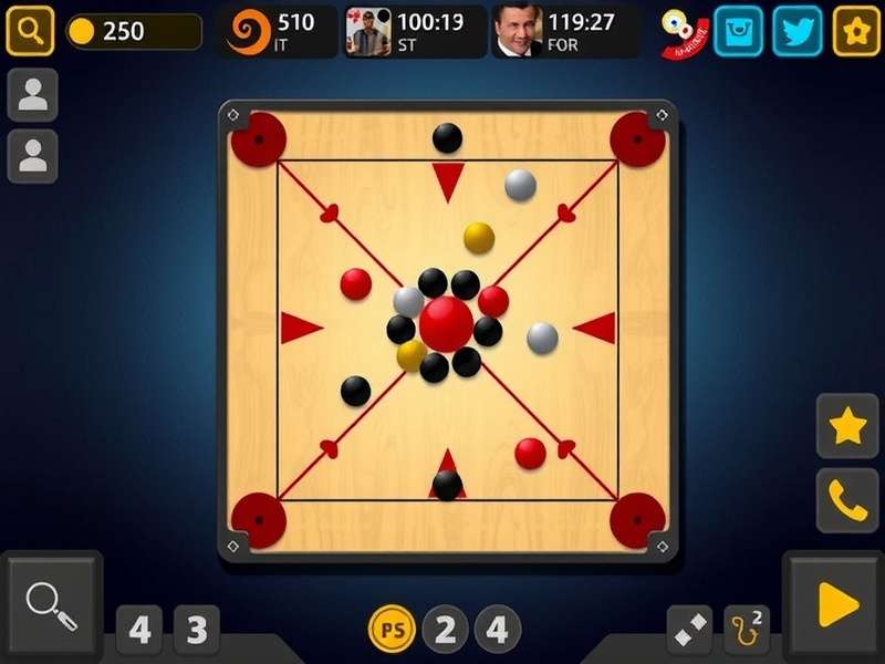 Carrom Fusion Pro gameplay screenshot showing digital board and pieces